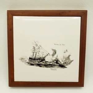 Vintage H&R Johnson Framed Tile Trivet from England Sailboats Shipwreck RARE.